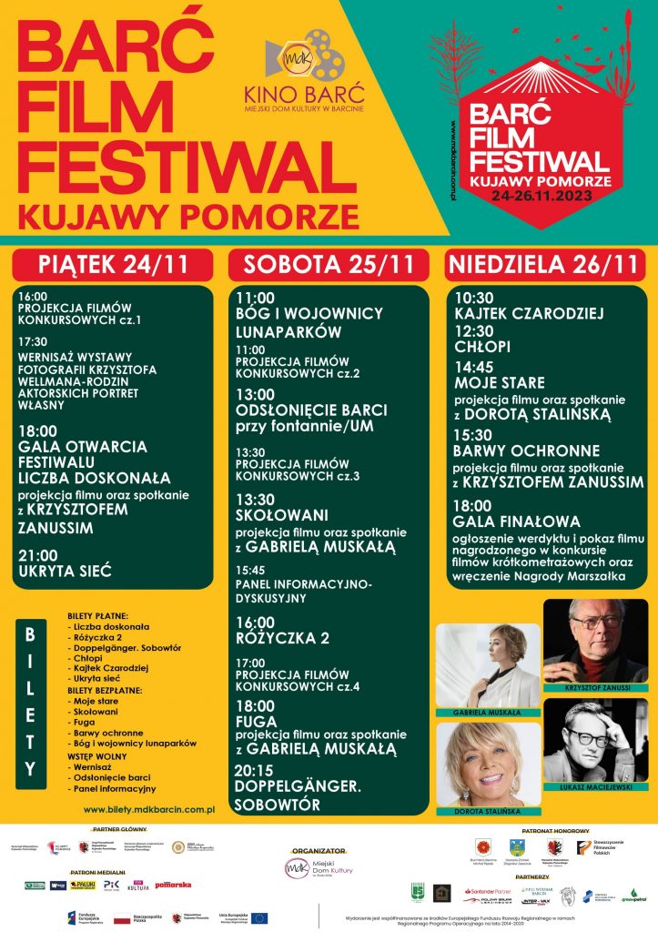 Plakat Barć Film Festiwal Kujawy Pomorze z harmonogramem wydarzeń.